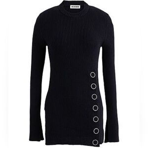 JIL SANDER Eyelet Stud Ribbed Linen Wool Blend Sweater in Black sz 8